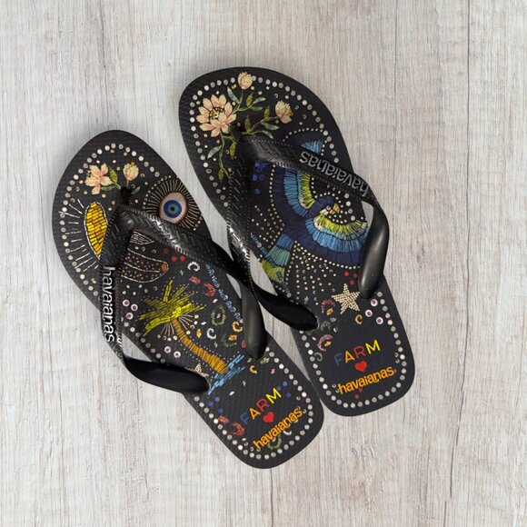 Farm Rio Havaianas Flip Flops Black Tropical Print Sandals Women’s Size 7/8 - Picture 1 of 4